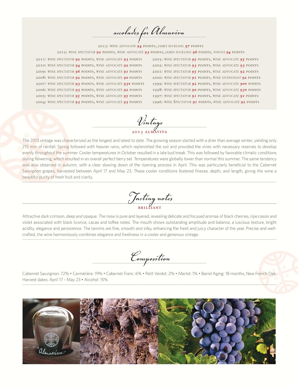 Vintage 2013 almaviva
The 2013 vintage was characterized as the longest and latest to date. The growing season started with a drier than average winter, yielding only
215 mm of rainfall. Spring followed with heavier rains, which replenished the soil and provided the vines with necessary reserves to develop
evenly throughout the summer. Cooler temperatures in October resulted in a late bud break. This was followed by favorable climatic conditions
during flowering, which resulted in an overall perfect berry set. Temperatures were globally lower than normal this summer. The same tendency
was also observed in autumn, with a clear slowing down of the ripening process in April. This was particularly beneficial to the Cabernet
Sauvignon grapes, harvested between April 17 and May 23. These cooler conditions fostered finesse, depth, and length, giving the wine a
beautiful purity of fresh fruit and clarity.
Tasting notes brilliant
Attractive dark crimson, deep and opaque. The nose is pure and layered, revealing delicate and focused aromas of black cherries, ripe cassis and
violet associated with black licorice, cacao and toffee notes. The mouth shows outstanding amplitude and balance, a luscious texture, bright
acidity, elegance and persistence. The tannins are fine, smooth and silky, enhancing the fresh and juicy character of the year. Precise and wellcrafted,
the wine harmoniously combines elegance and freshness in a cooler and generous vintage.
Composition
Cabernet Sauvignon: 72% • Carménère: 19% • Cabernet Franc: 6% • Petit Verdot: 2% • Merlot: 1% • Barrel Aging: 18 months, New French Oak.
Harvest dates: April 17 - May 23 • Alcohol: 15%