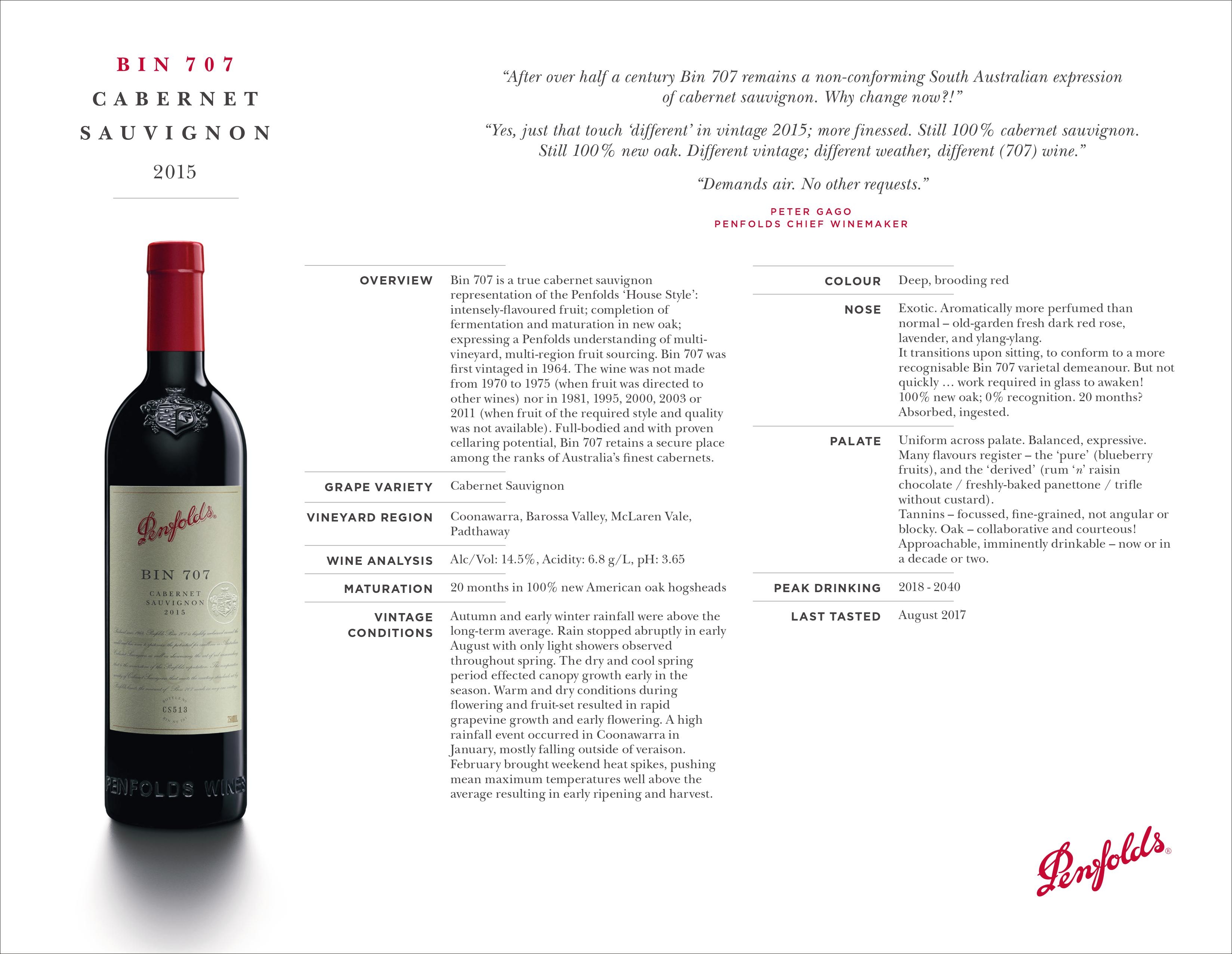 BIN 707 CABERNET SAUVIGNON 2015
“After over half a century Bin 707 remains a non-conforming South Australian expression
of cabernet sauvignon. Why change now?!”
“Yes, just that touch ‘different’ in vintage 2015; more finessed. Still 100% cabernet sauvignon.
Still 100% new oak. Different vintage; different weather, different (707) wine.”
“Demands air. No other requests.”
PETER GAGO
PENFOLDS CHIEF WINEMAKER
OVERVIEW Bin 707 is a true cabernet sauvignon
representation of the Penfolds ‘House Style’:
intensely-flavoured fruit; completion of
fermentation and maturation in new oak;
expressing a Penfolds understanding of multivineyard,
multi-region fruit sourcing. Bin 707 was
first vintaged in 1964. The wine was not made
from 1970 to 1975 (when fruit was directed to
other wines) nor in 1981, 1995, 2000, 2003 or
2011 (when fruit of the required style and quality
was not available). Full-bodied and with proven
cellaring potential, Bin 707 retains a secure place
among the ranks of Australia’s finest cabernets.
GRAPE VARIETY Cabernet Sauvignon
VINEYARD REGION Coonawarra, Barossa Valley, McLaren Vale,
Padthaway
WINE ANALYSIS Alc/Vol: 14.5%, Acidity: 6.8 g/L, pH: 3.65
MATURATION 20 months in 100% new American oak hogsheads
VINTAGE
CONDITIONS
Autumn and early winter rainfall were above the
long-term average. Rain stopped abruptly in early
August with only light showers observed
throughout spring. The dry and cool spring
period effected canopy growth early in the
season. Warm and dry conditions during
flowering and fruit-set resulted in rapid
grapevine growth and early flowering. A high
rainfall event occurred in Coonawarra in
January, mostly falling outside of veraison.
February brought weekend heat spikes, pushing
mean maximum temperatures well above the
average resulting in early ripening and harvest.
COLOUR Deep, brooding red
NOSE Exotic. Aromatically more perfumed than
normal – old-garden fresh dark red rose,
lavender, and ylang-ylang.
It transitions upon sitting, to conform to a more
recognisable Bin 707 varietal demeanour. But not
quickly … work required in glass to awaken!
100% new oak; 0% recognition. 20 months?
Absorbed, ingested.
PALATE Uniform across palate. Balanced, expressive.
Many flavours register – the ‘pure’ (blueberry
fruits), and the ‘derived’ (rum ‘n’ raisin
chocolate / freshly-baked panettone / trifle
without custard).
Tannins – focussed, fine-grained, not angular or
blocky. Oak – collaborative and courteous!
Approachable, imminently drinkable – now or in
a decade or two.
PEAK DRINKING 2018 - 2040
LAST TASTED August 2017