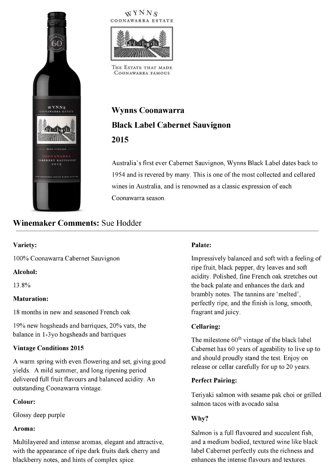 Australia’s first ever Cabernet Sauvignon, Wynns Black Label dates back to
1954 and is revered by many. This is one of the most collected and cellared
wines in Australia, and is renowned as a classic expression of each
Coonawarra season.
