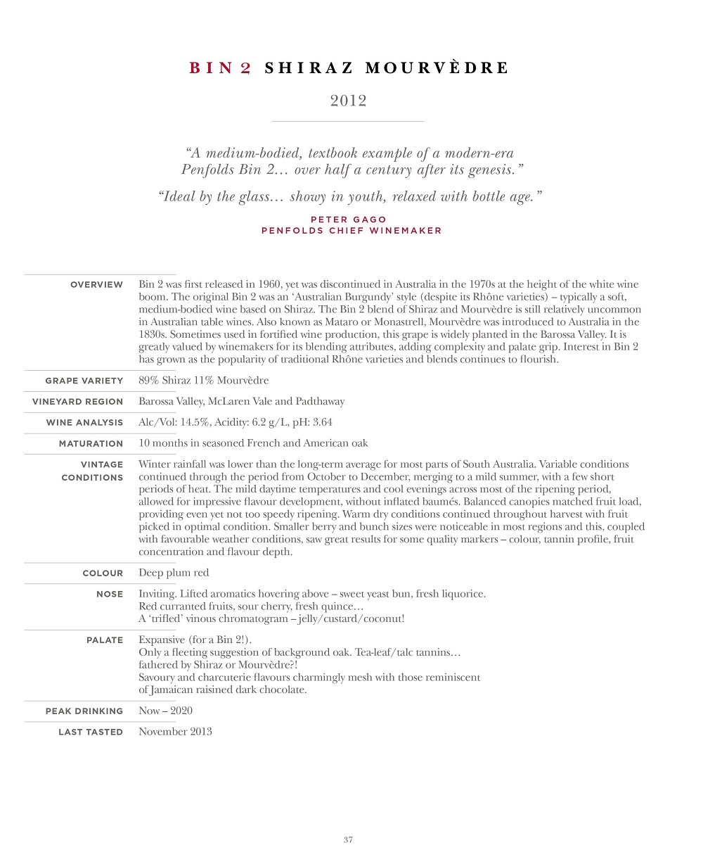 B I N 2 S H I R A Z MOU R V È D R E
2012
“A medium-bodied, textbook example of a modern-era
Penfolds Bin 2… over half a century after its genesis.”
“Ideal by the glass… showy in youth, relaxed with bottle age.”
PETER GAGO
PENFOLDS CHIEF WINEMAKER
OVERVIEW Bin 2 was first released in 1960, yet was discontinued in Australia in the 1970s at the height of the white wine
boom. The original Bin 2 was an ‘Australian Burgundy’ style (despite its Rhône varieties) – typically a soft,
medium-bodied wine based on Shiraz. The Bin 2 blend of Shiraz and Mourvèdre is still relatively uncommon
in Australian table wines. Also known as Mataro or Monastrell, Mourvèdre was introduced to Australia in the
1830s. Sometimes used in fortified wine production, this grape is widely planted in the Barossa Valley. It is
greatly valued by winemakers for its blending attributes, adding complexity and palate grip. Interest in Bin 2
has grown as the popularity of traditional Rhône varieties and blends continues to flourish.
GRAPE VARIETY 89% Shiraz 11% Mourvèdre
VINEYARD REGION Barossa Valley, McLaren Vale and Padthaway
WINE ANALYSIS Alc/Vol: 14.5%, Acidity: 6.2 g/L, pH: 3.64
MATURATION 10 months in seasoned French and American oak
VINTAGE
CONDITIONS
Winter rainfall was lower than the long-term average for most parts of South Australia. Variable conditions
continued through the period from October to December, merging to a mild summer, with a few short
periods of heat. The mild daytime temperatures and cool evenings across most of the ripening period,
allowed for impressive flavour development, without inflated baumés. Balanced canopies matched fruit load,
providing even yet not too speedy ripening. Warm dry conditions continued throughout harvest with fruit
picked in optimal condition. Smaller berry and bunch sizes were noticeable in most regions and this, coupled
with favourable weather conditions, saw great results for some quality markers – colour, tannin profile, fruit
concentration and flavour depth.
COLOUR Deep plum red
NOSE Inviting. Lifted aromatics hovering above – sweet yeast bun, fresh liquorice.
Red curranted fruits, sour cherry, fresh quince…
A ‘trifled’ vinous chromatogram – jelly/custard/coconut!
PALATE Expansive (for a Bin 2!).
Only a fleeting suggestion of background oak. Tea-leaf/talc tannins…
fathered by Shiraz or Mourvèdre?!
Savoury and charcuterie flavours charmingly mesh with those reminiscent
of Jamaican raisined dark chocolate.
PEAK DRINKING Now – 2020
LAST TASTED November 2013