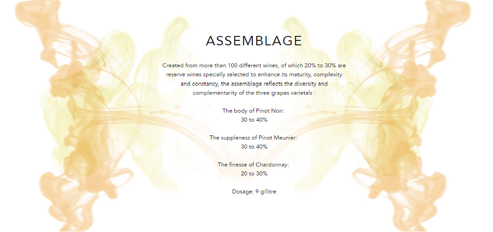 ASSEMBLAGE
Created from more than 100 different wines, of which 20% to 30% are reserve wines specially selected to enhance its maturity, complexity and constancy, the assemblage reflects the diversity and complementarity of the three grapes varietals :

The body of Pinot Noir: 
30 to 40%

The suppleness of Pinot Meunier: 
30 to 40%

The finesse of Chardonnay: 
20 to 30%

Dosage: 9 g/litre