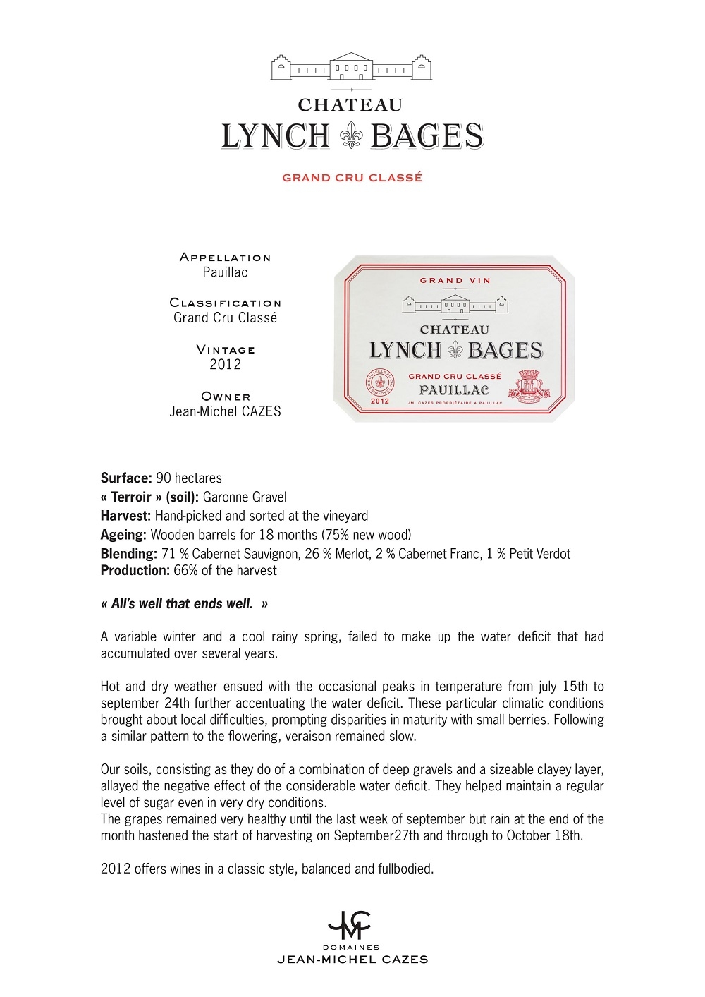 VINTAGES

« All’s well that ends well. »

A variable winter and a cool rainy spring, failed to make up the water deficit that had accumulated over several years.

Hot and dry weather ensued with the occasional peaks in temperature from july 15th to september 24th further accentuating the water deficit. These particular climatic conditions brought about local difficulties, prompting disparities in maturity with small berries. Following a similar pattern to the flowering, veraison remained slow.

Our soils, consisting as they do of a combination of deep gravels and a sizeable clayey layer, allayed the negative effect of the considerable water deficit. They helped maintain a regular level of sugar even in very dry conditions.
The grapes remained very healthy until the last week of september but rain at the end of the month hastened the start of harvesting on September27th and through to October 18th.

2012 offers wines in a classic style, balanced and fullbodied.
